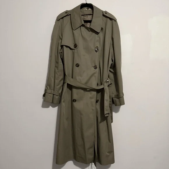 Vintage Olive Trench Coat with Purple Plaid Lining Detachable Insert & Collar - Picture 15 of 16